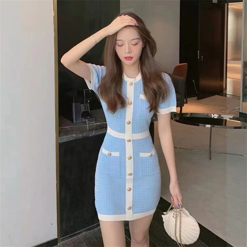 

Fashion knitted dress women summer waist slim casual mini skirt sale 210520, Pink