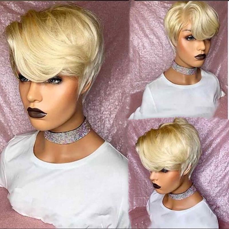 

Lace Wigs 613 Honey Blonde Straight Wig Short Wavy Bob Pixie Cut 13x4 Transparent Front Human Hair With Bangs For Black Women, As pic