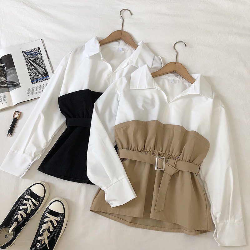 

Patchwrok Shirt Long Sleeve V-Neck Peter Pan Neck Tops Spring Sashes Blouse For Women Fashion Shirts 210518, Khaki