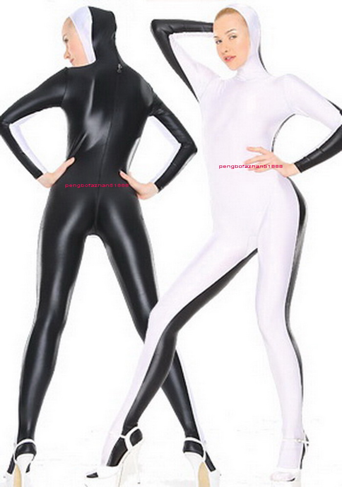 

Black/White Lycra Spandex Catsuit Costume With Open Face Unisex Sexy Bodysuit Costumes Outfit Halloween Party Fancy Dress Cosplay Suit P036