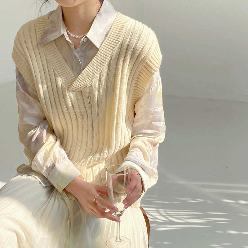 

Spring Autumn 4-color Loose Sweater Vest Women Solid V-Neck Pit Stripe Top W429h 210607, Black