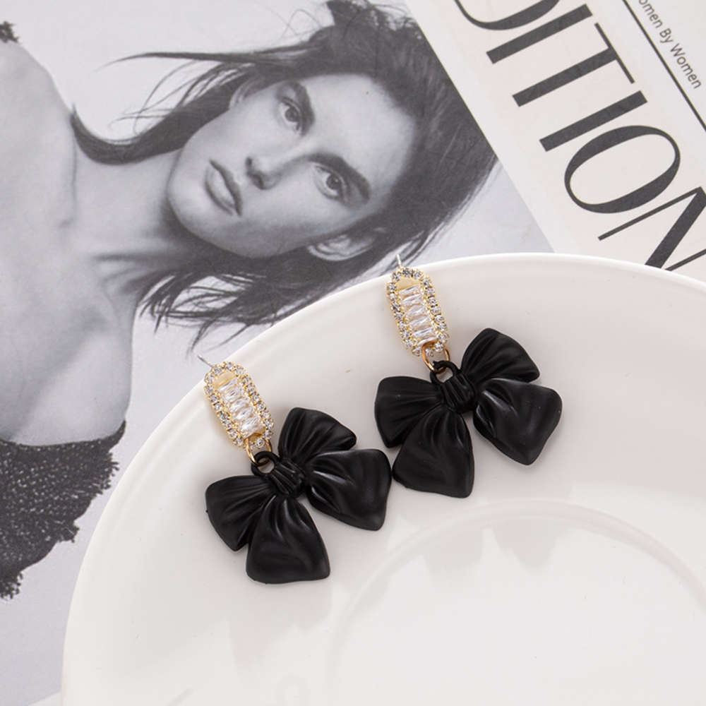 

925 silver needle leisure black alloy Zircon Earrings full diamond fashion electroplating bow women's
