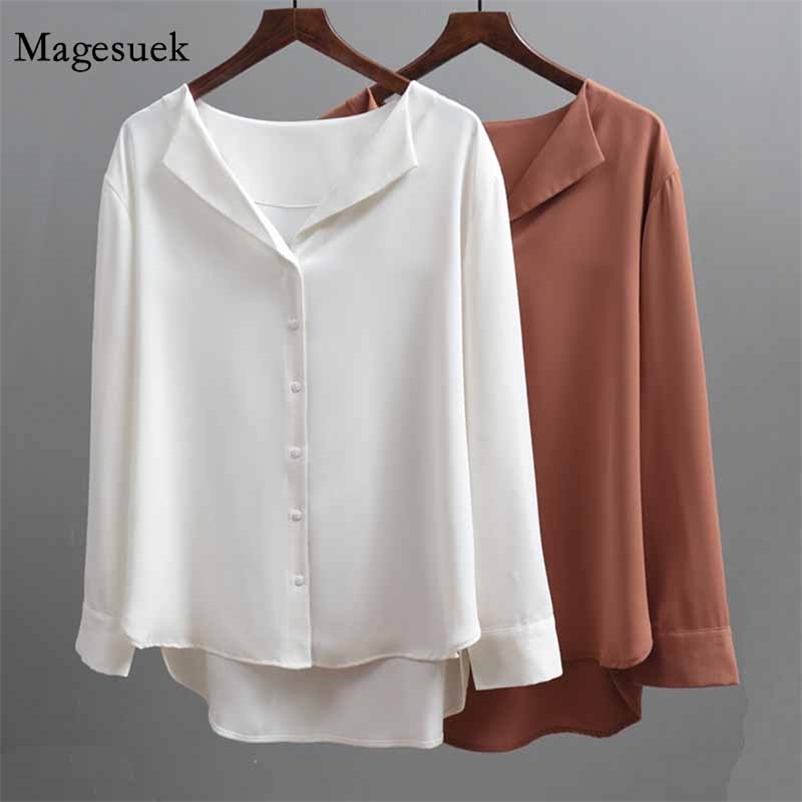 

Office Lady V-neck Button Loose Clothing Casual Solid Female Shirts Autumn Women Chiffon Blouse Outwear Tops 5104 50 210518, White