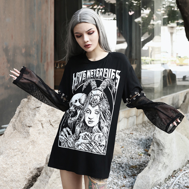 

Punk Fashion T-Shirt Punk Gothic Print Mesh Rivet Aesthetic Top Tees Vintage Grunge Street Hollow Dark T Shirt Female, Black;gray