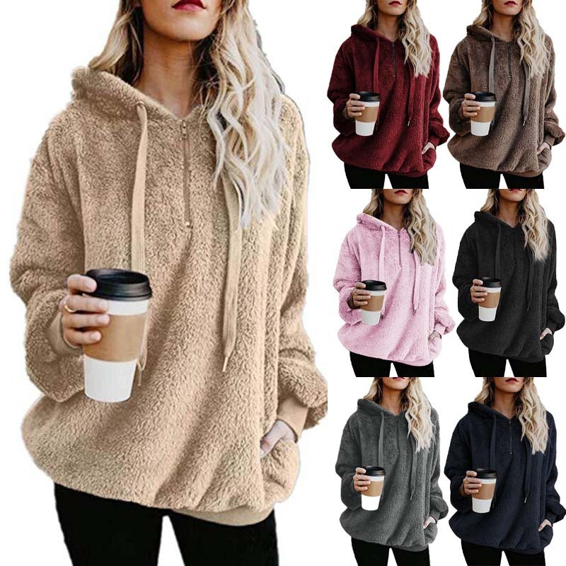 

2021 long sve zipper hooded solid color women's sweater, Black