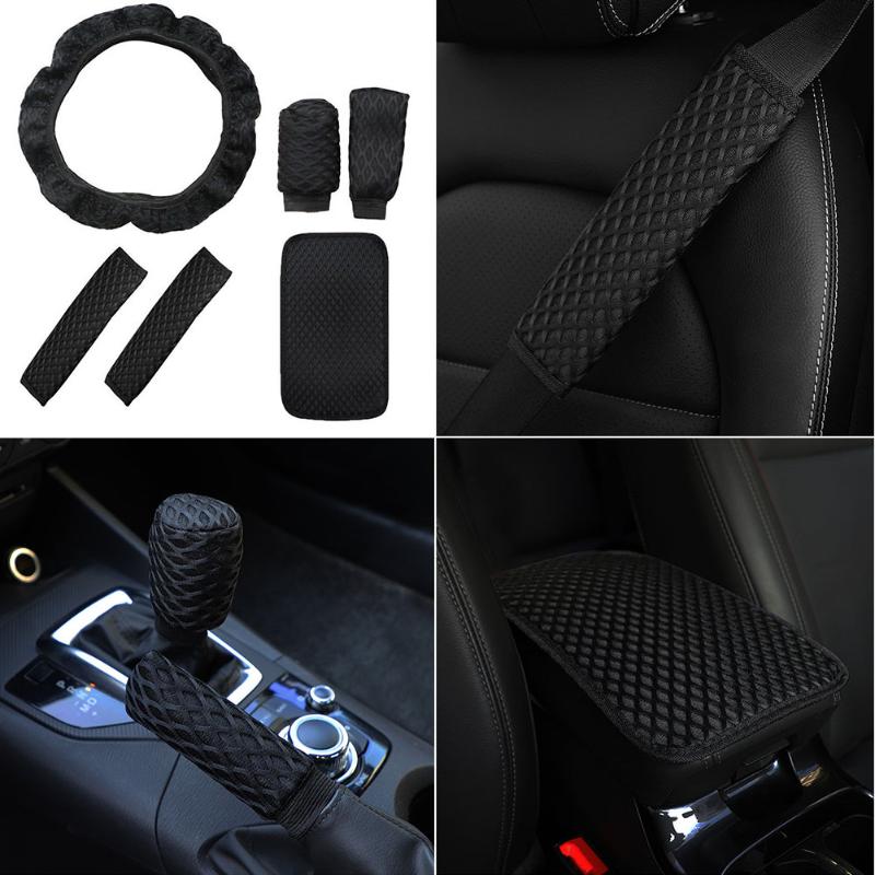 

Steering Wheel Covers 6PCS Dreathable Cover Handbrake Gear Protective Case Armrest Box Shoulder Strap Pad Anti-Slip