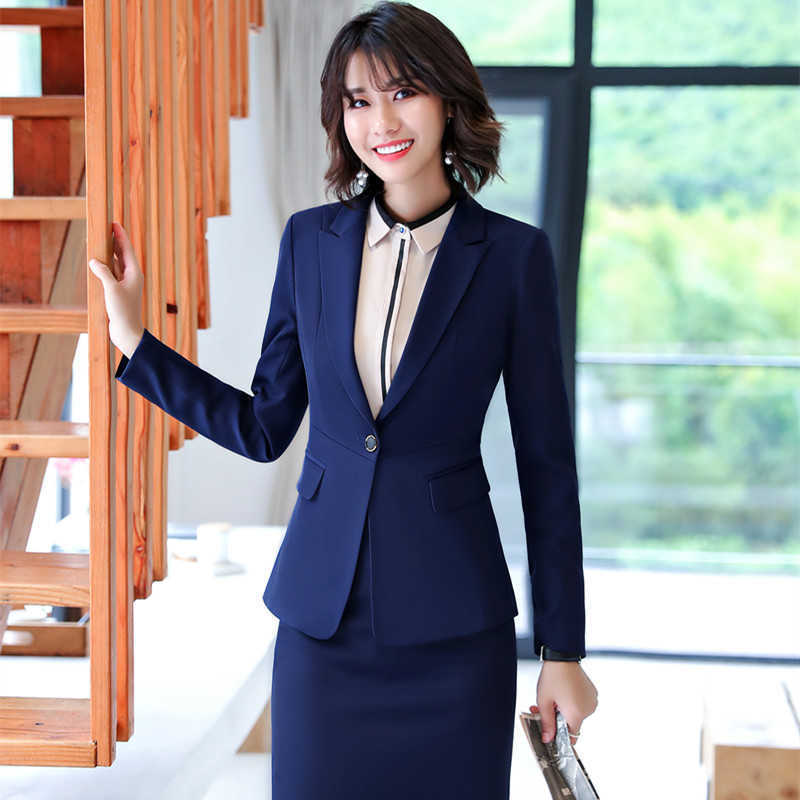 

S-4XL Plus Size Women's Professional Suit Interview Formal Wear Temperament Slim Work Clothes High Quality Pants 2-piece Set 210527, Blue blazer skirt