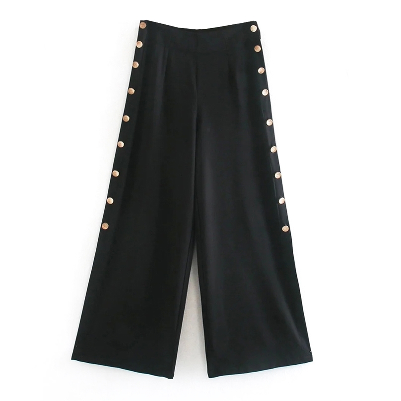 

women Fashion buttoned palazzo trousers High-waist wide-leg featuring metal buttons on the sides Female chic 210520, Black