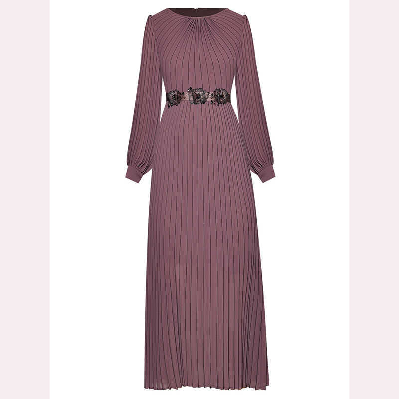 

HIGH QUALITY est Fashion O-Neck Lantern Long Sleeve Tie Waist Temperament Dress 210526, Brown