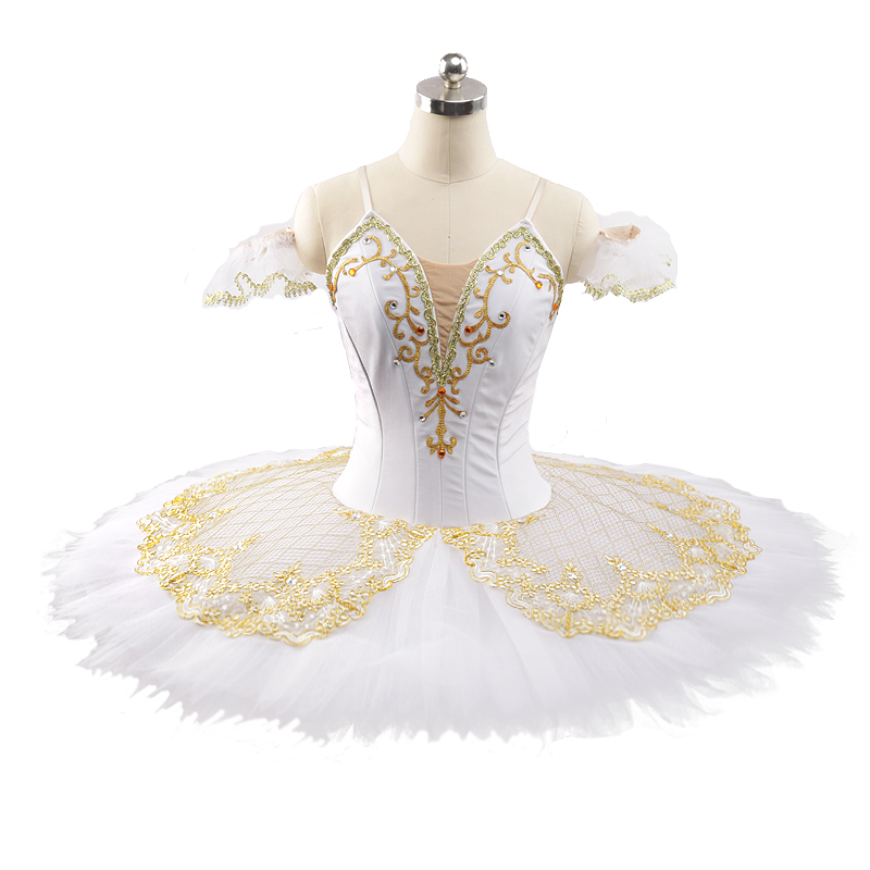 

Professional ballet costume white gold tutu for women or girl stage performance tutu pancak ballerina dress skirt