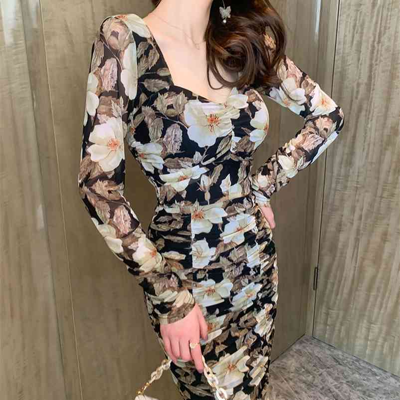 

LDYRWQY Square neck floral dress pleated long spring female design slim Knee-Length Zippers 210603, Mixed