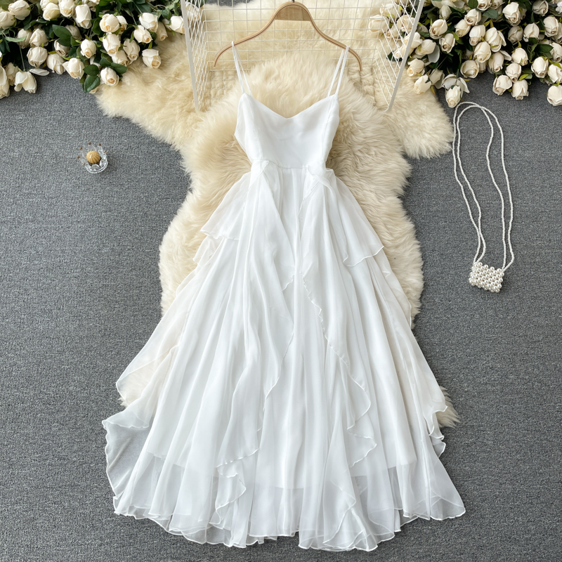 

Sexy Beige/White Beach Chiffon Dress Women Summer Irregular Ruffle Spaghetti Strap Robe Female Vacation Party Vestidos 2021 New
