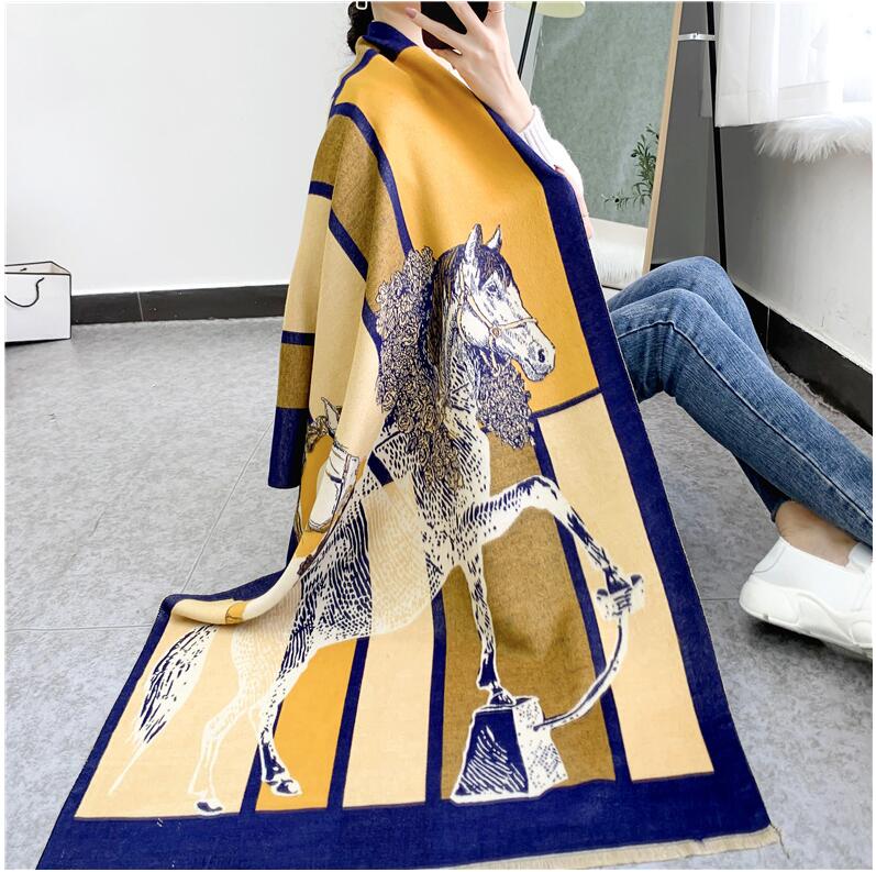 

Luxury Design Horse Scarf Women Thick Warm Winter Scarves Cashmere Pashmina Shawl Lady Wrap Female Blanket Poncho Bufanda 180x65cm, Blue;gray