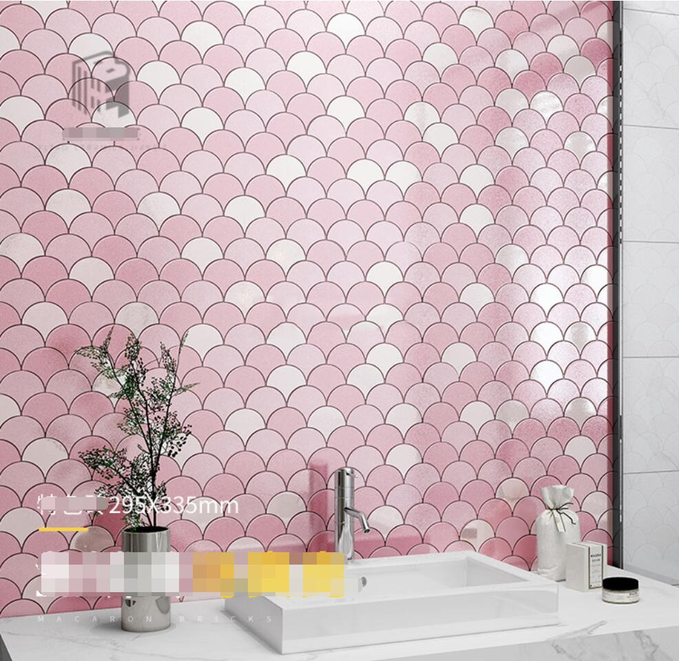 Pink fan-shaped dragon Tiles scale mosaic double-layer ice crack brick fan shaped mosaics vitrolite bathroom wall tile background salt-glazed bri-image-714006267