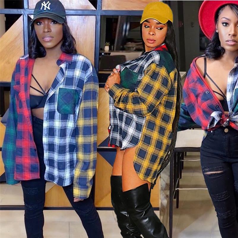 

Plaid Patchwork Fall Clothing Women Shirt Casual Long Sleeve Tops Vintage Print Clothes, Multi