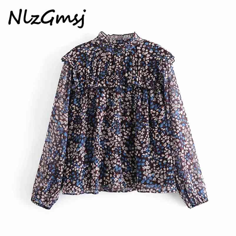

Blouse Women Floral Print Chiffon Vintage Long Puff Sleeve Ruffle Shirt Female Fashion Pleated Inner Top 210628, As picture