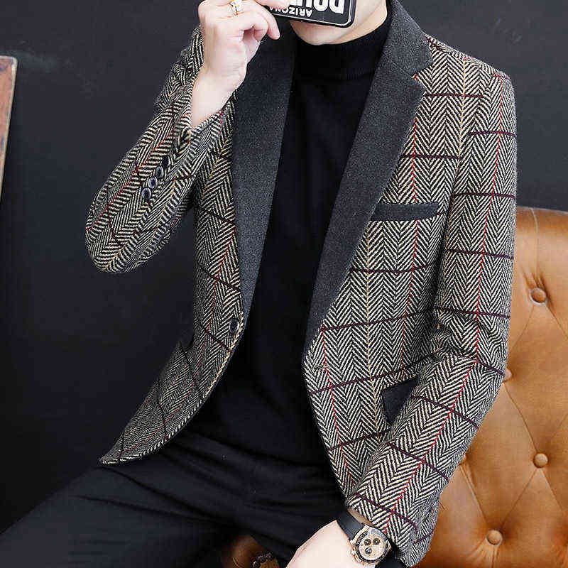 

Plaid Men Blazers Winter Woolen Suit Jacket British Style Stitching Trench Coat Slim Business Casual Dress Coats Costume Homme 211111, Light grey