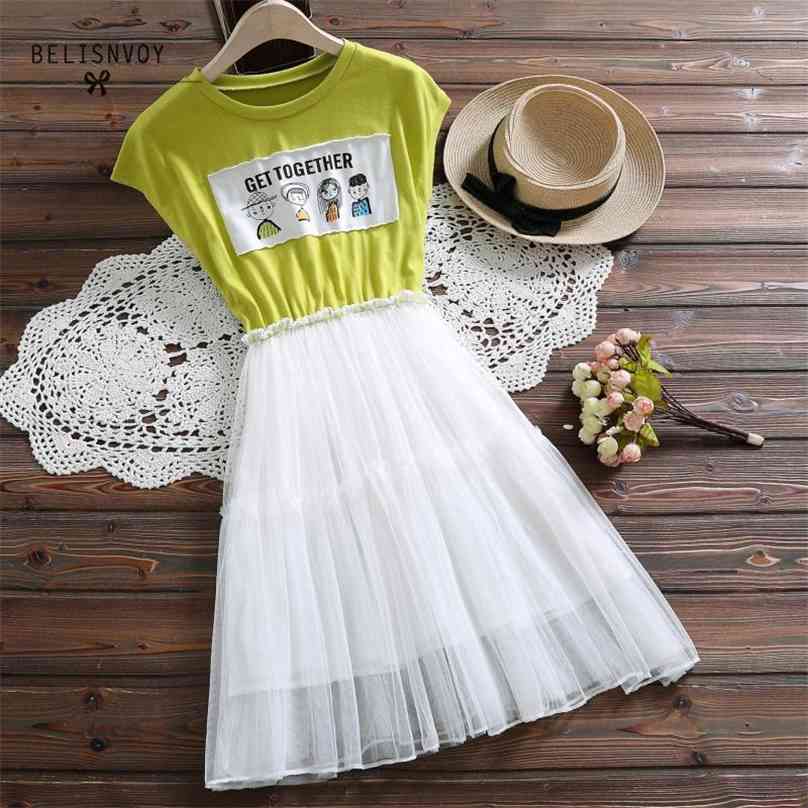 

Mori Girl Summer Dresse Women Fashion Sweet Vestidos Female Mesh Patchwork Sleeveless O-neck Femininos Vintage Dresses 210520, Yellow