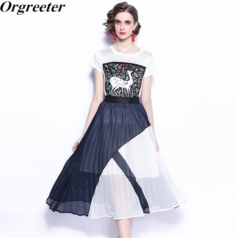 

Two-piece Set Dress Female Summer Fashion Cartoon deer Printted T-shirt With High waist Half-length Chiffon Skirt Suits 210602, White
