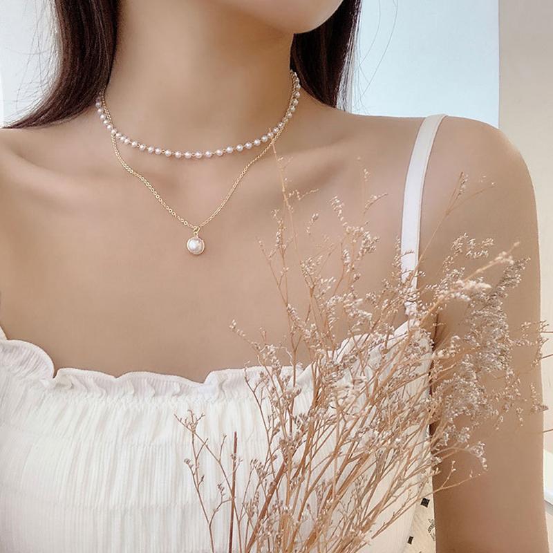 

Pendant Necklaces Small Individual Design Double-layer Pearl Neck Chain Spring/Summer Style Simple Necklace Lady Sweet Clavicle Choker, Silver