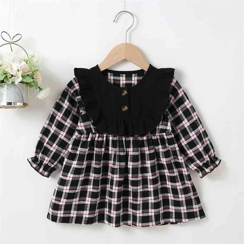 

Winter Girls Dress Cute Long Sleeve Black Lace Patchwork Plaid Vestidos 0-2T 210629