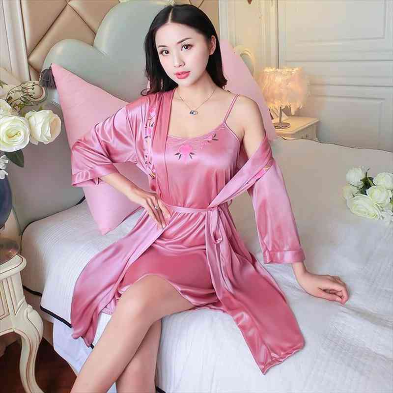 

2pcs Sexy Silk Satin Night Dress Robes Sets For Women Summer Spring Lingerie Nightdress Sleepwear Bathrobe Two Piece Nightgowns, Black;red