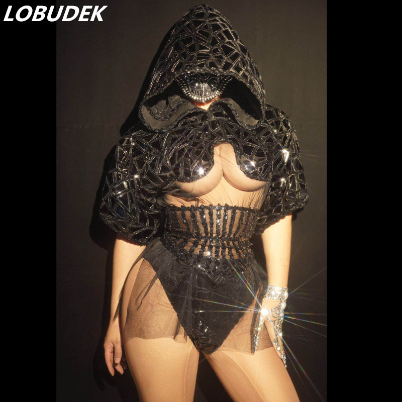 

Hip Hop Rock Performance Clothes Sequins Shawl Belt Shorts 3-Pieces Set Nightclub Bar Women Singer Dancer Novelty Stage Wear DJ Party Sexy Costume, Black