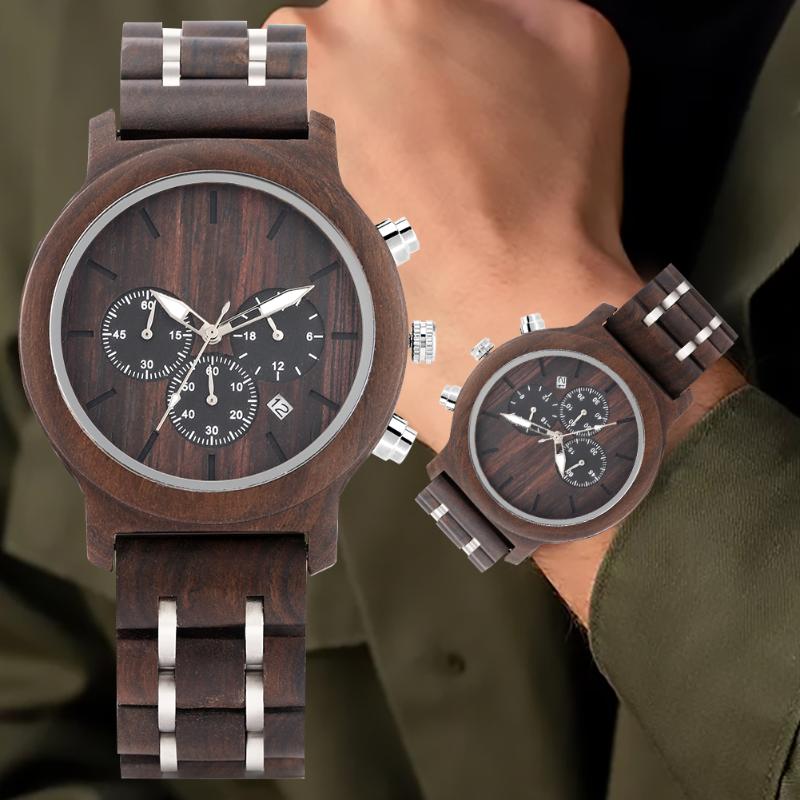 

Wristwatches Black 3 Eyes With Calendar Wooden Watch Men's Automatic Mechanical Dial Wood Stainless Steel Band Fold Buckle Male Gift, Wooden watch b