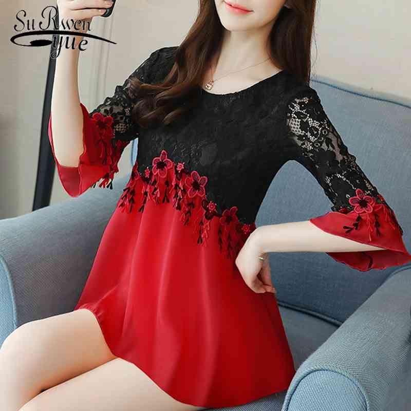 

Plus Size 3XL 4XL 5XL Chiffon Women Blouse Shirt Fashion Woman Blouses Hollow Out Lace Shirt Women Blusa Feminina D583 40 210518, Pink