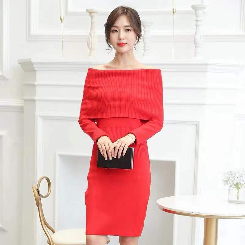 

Autumn Winter Elegant Fashion Slash Neck Knitted Dress Women Office Lady Solid High Wasit Hip 210520, Red