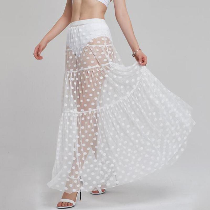

White Pleated Long Skirt 2021 Jupe Femme Sexy Mesh See Through Polka Dots Transparent Woman Skirts Tulle High Waist, White skirt