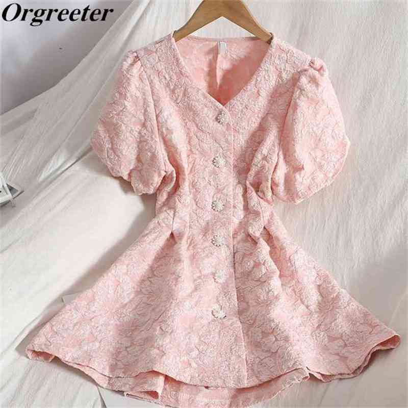 

High Quality Exquisite Jacquard V-neck Puff sleeve Pearl Single-breasted Exposed Waist A-line Dress Women Sweet Pink Party 210602, Black