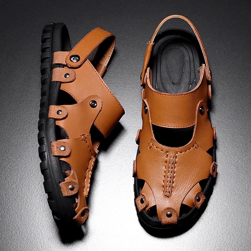 

Sandals Genuine Leather For Men Roman 39 Hollow Lightweight Breathable Casual Shoes Summer Outdoor Gladiator Sandalia Masculina, Black