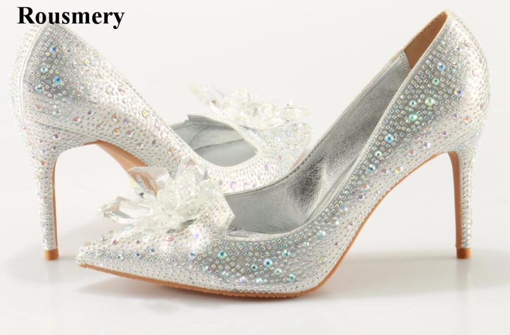 

Charming Women Fashion Pointed Toe Rousmery Rhinestone Wedding Pumps Crystal Design Party High Heels Dress Shoes, Black