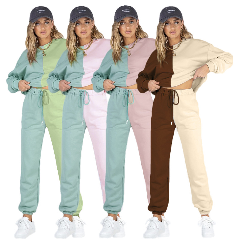 

Women's Two Piece Pants Autumn and Winter Solid Color Symmetrical Stitching Round Neck Trousers Women's Urban Casual Long-sleeved, White