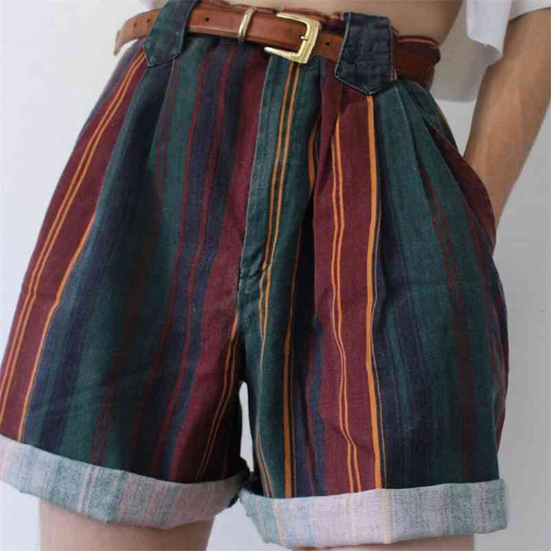 

Women Vintage Striped Shorts Pant Lady High Waist Crimping Slim Short Pant Girl Streetwear Female Stripe Students' Fashion Short 210611, 01 green