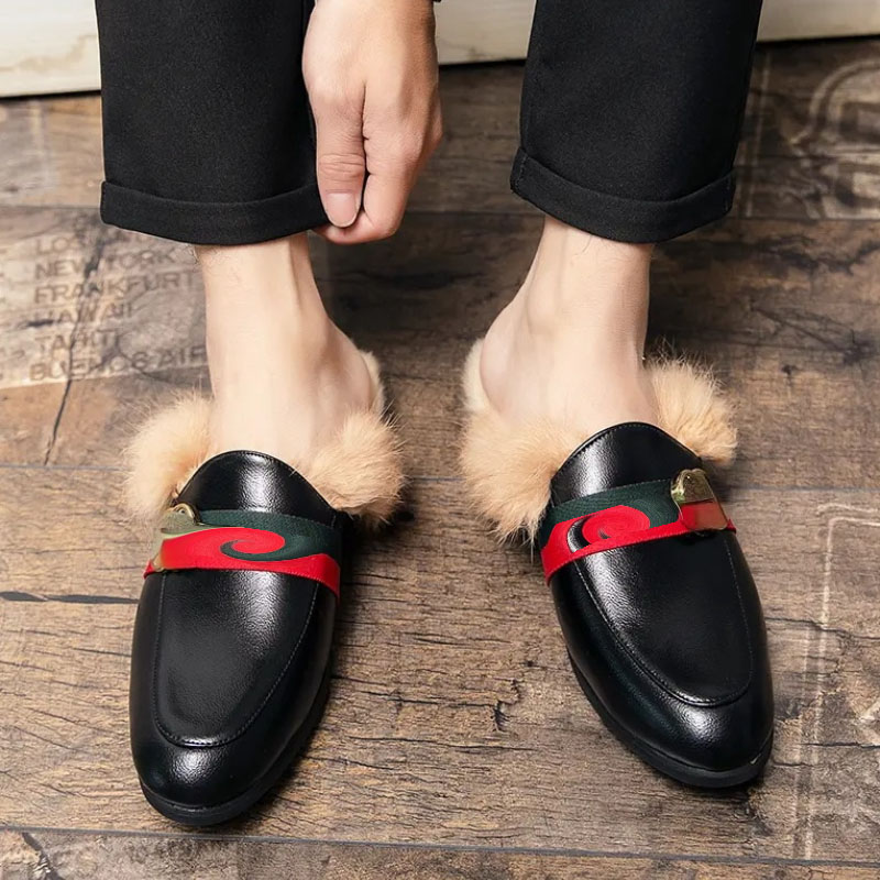 

Slippers New Winter PU Leather Men Half Baotou Flip Flops British Style Comfortable Warmth Keeping Trend Classic Leisure DH148, Black