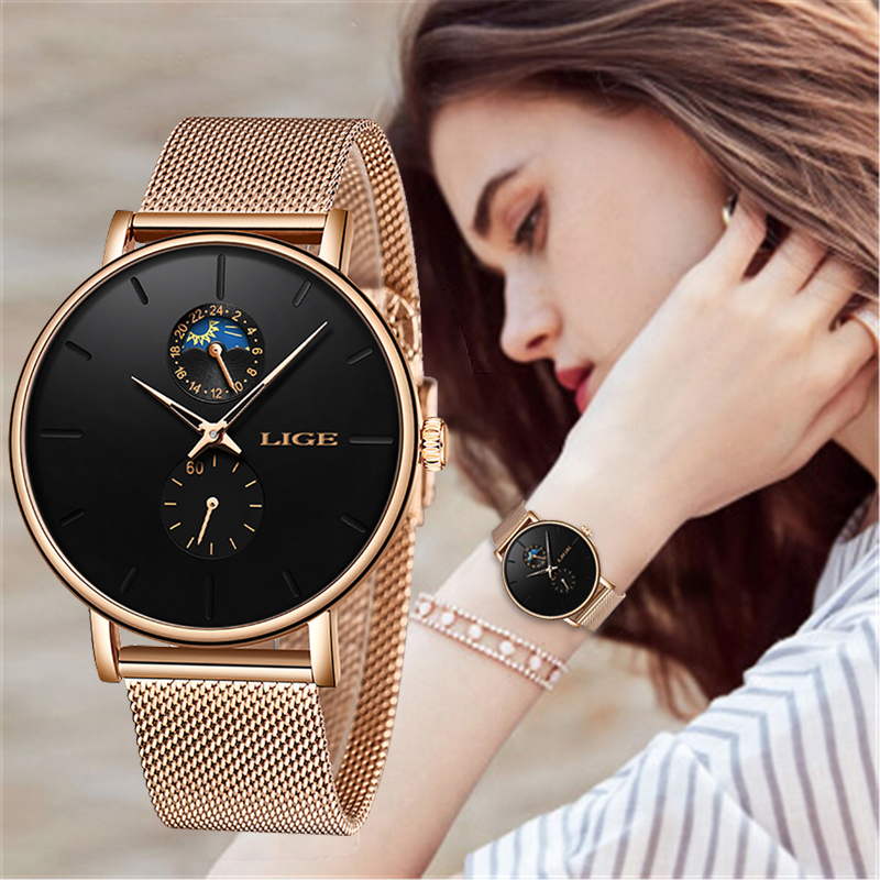 

LIGE New Women Luxury Brand Watch Simple Quartz Lady Waterproof Wristwatch Female Fashion Casual Watches Clock reloj mujer 2021g, Black red