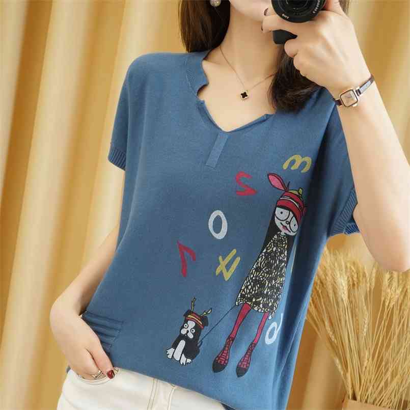 

Pure cotton T-shirt summer casual knitted sweater short-sleeved women's v-neck pullover plus size top tees 210708, Camel