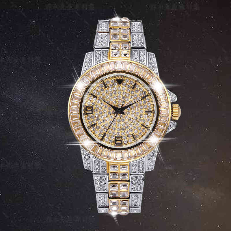 

AAA CZ Bling Diamond Men's Watch Role 18k Gold Plated Ice out Quartz Iced Wrist Watches for Men Male Waterproof Wristwatch Hours, D with box