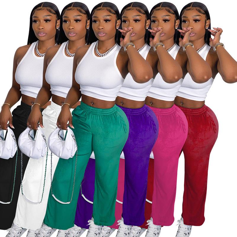 

Women's Pants & Capris Women Jogger Pleuche 2021 Autumn Lady Elastic Waist All Matching S-2XL Loose Wide Leg Solid Trousers Street Wear, Black;white