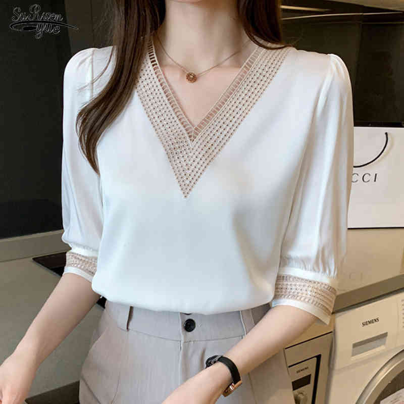 

Short Sleeve White Women Blouse Tops V-Neck Chiffon Shirt Women Solid Color Female Clothing Blusas Mujer De Moda 13367 210518