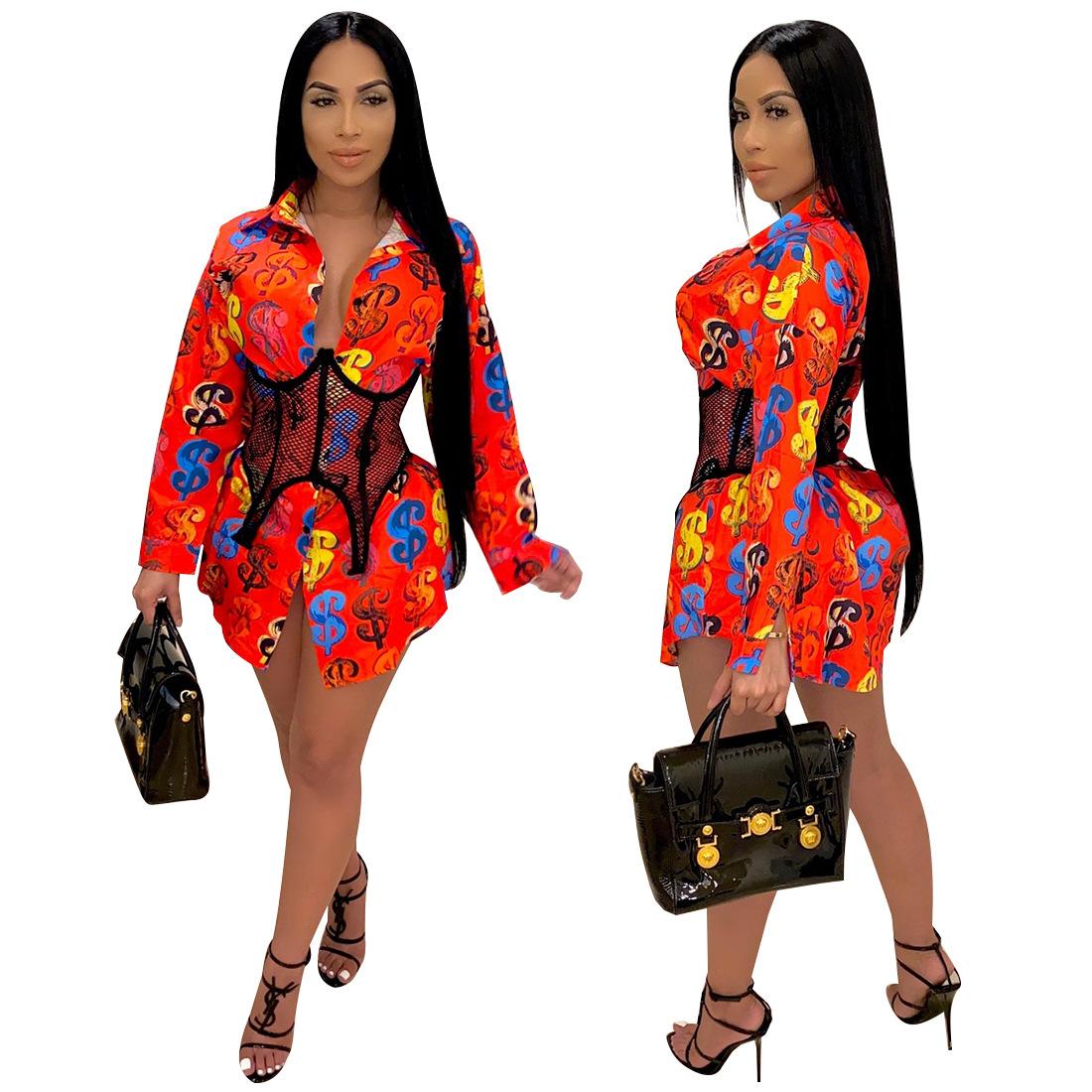 

Lady Printed Loose Ladies Shirt Dress Long Sleeve Women Clothing Ladys Fashion Shirts Plus Size S-2XL J2256, J2256-red