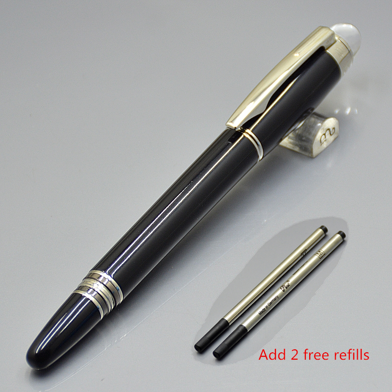 

High quality black classic roller ball pen with crystal on top school office supplier writing smooth ballpoint pen+2 free refills, Blue;orange