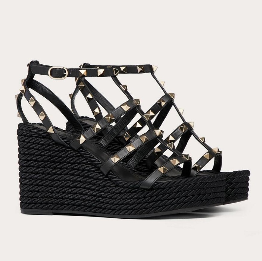 

Perfect Summer Brands Women Rock Studs Wedge Sandals Ankle Strap Nude Black Calfskin Leather Platform Pumps Espadrilles Wedges Lady Footwear EU35-43