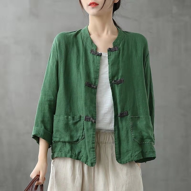 

Women's Jackets 2021 Spring Arts Style Women Loose Casual Long Sleeve O-neck Coat Vintga Button Double Pocket Cotton Linen W47 GB1B, Black