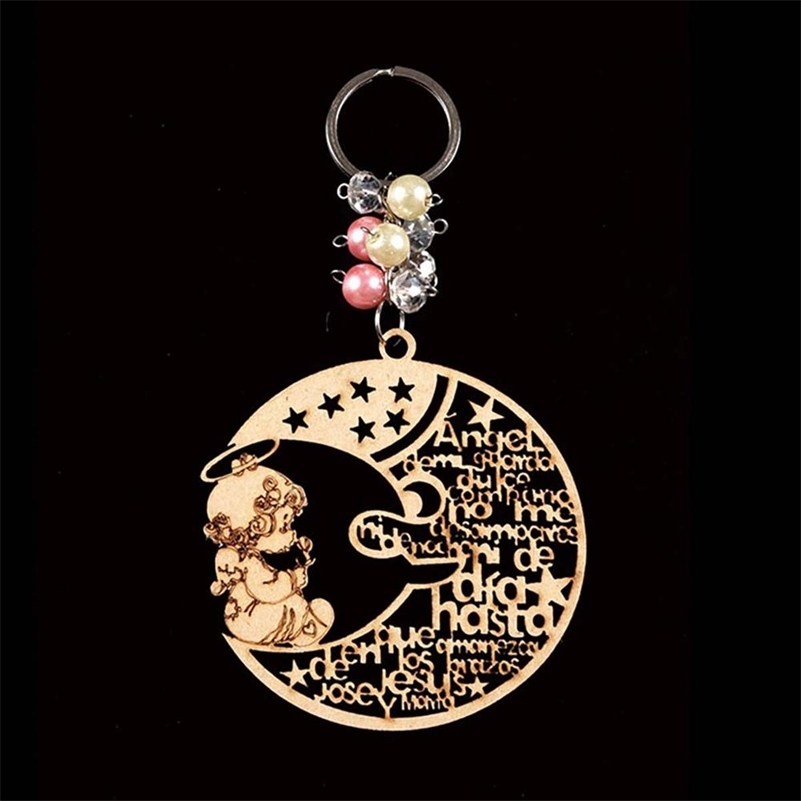 

12pcs Baptism Favors Girl baptism first communion party favors wood laser cut keychain moon star wood key chain 210409, Silver