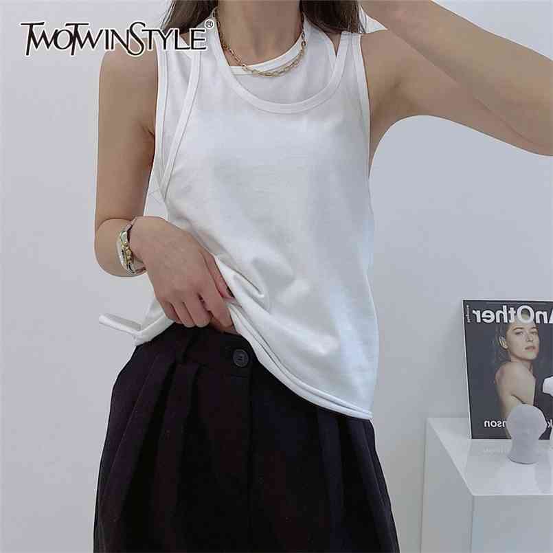 

White Fake Two Vest For Women Irregular Collar Sleeveless Hollow Out Casual Tank Tops Female Fashion Summer 210524