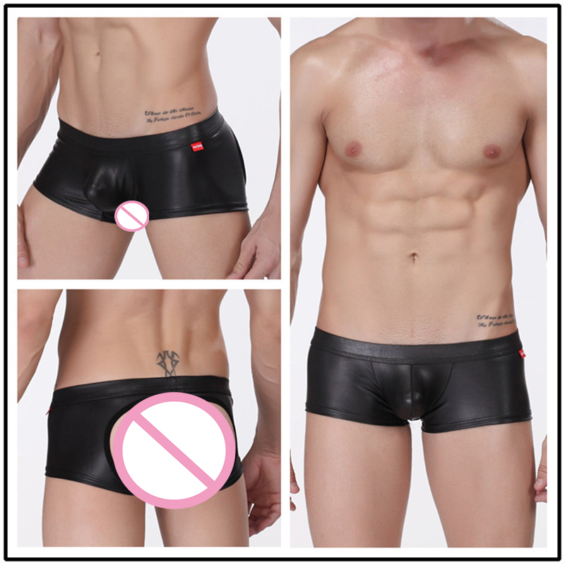

New Sexy Men Open Crotch Faux Leather Breathable Boxer U Pouch Latex Underwear Boxer Shiny Gay Wear Club Wear FX14, Black;white