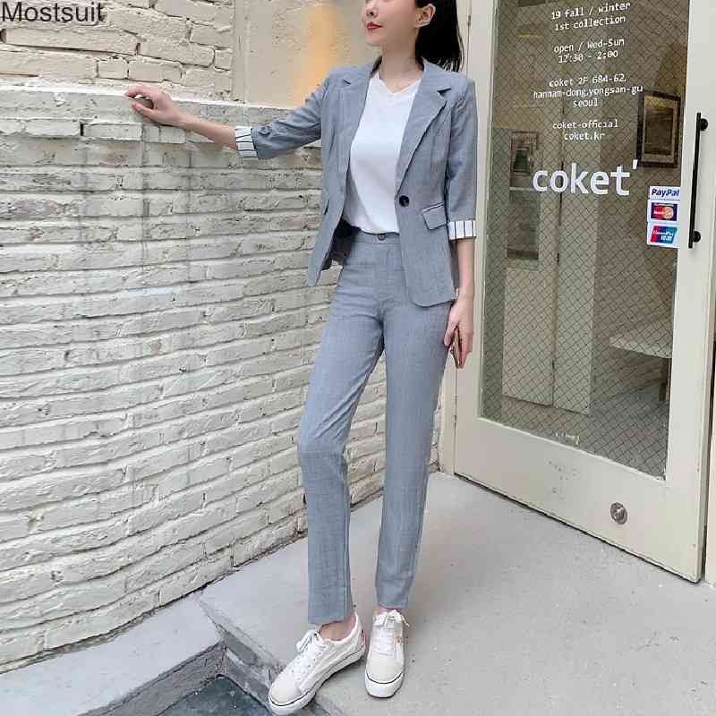 

Summer Spring Office Lady Work Wear Two Piece Set Women Single Button Jackets Notched Collar Blazer + Pants Suit Sets Outfits 210518, Gray